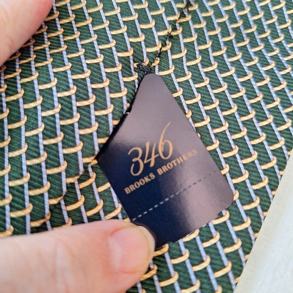 Brooks Brothers 346‎ Green Gold Geometric Tie Preppy Dapper Silk Wedding USA New